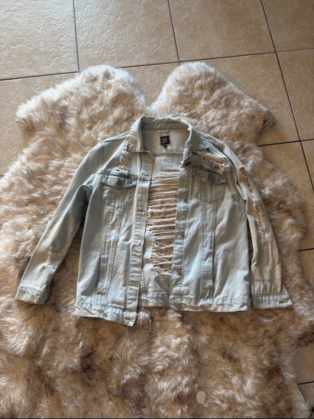 Light Wash Distressed Denim Jacket - Pale Blue oversized fit boom boom jeans L